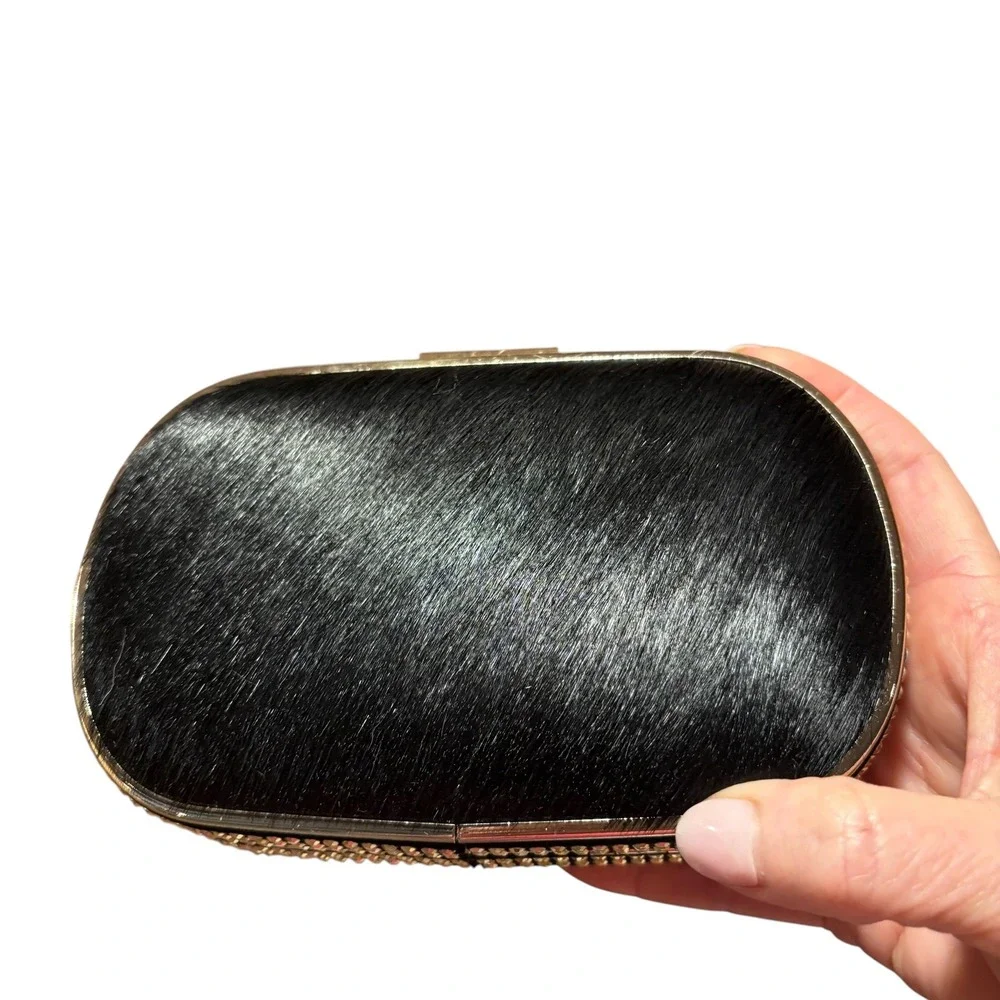 MMS‎ Black Pony Hair Studded Gold Frame Minaudiere Clutch Evening Bag